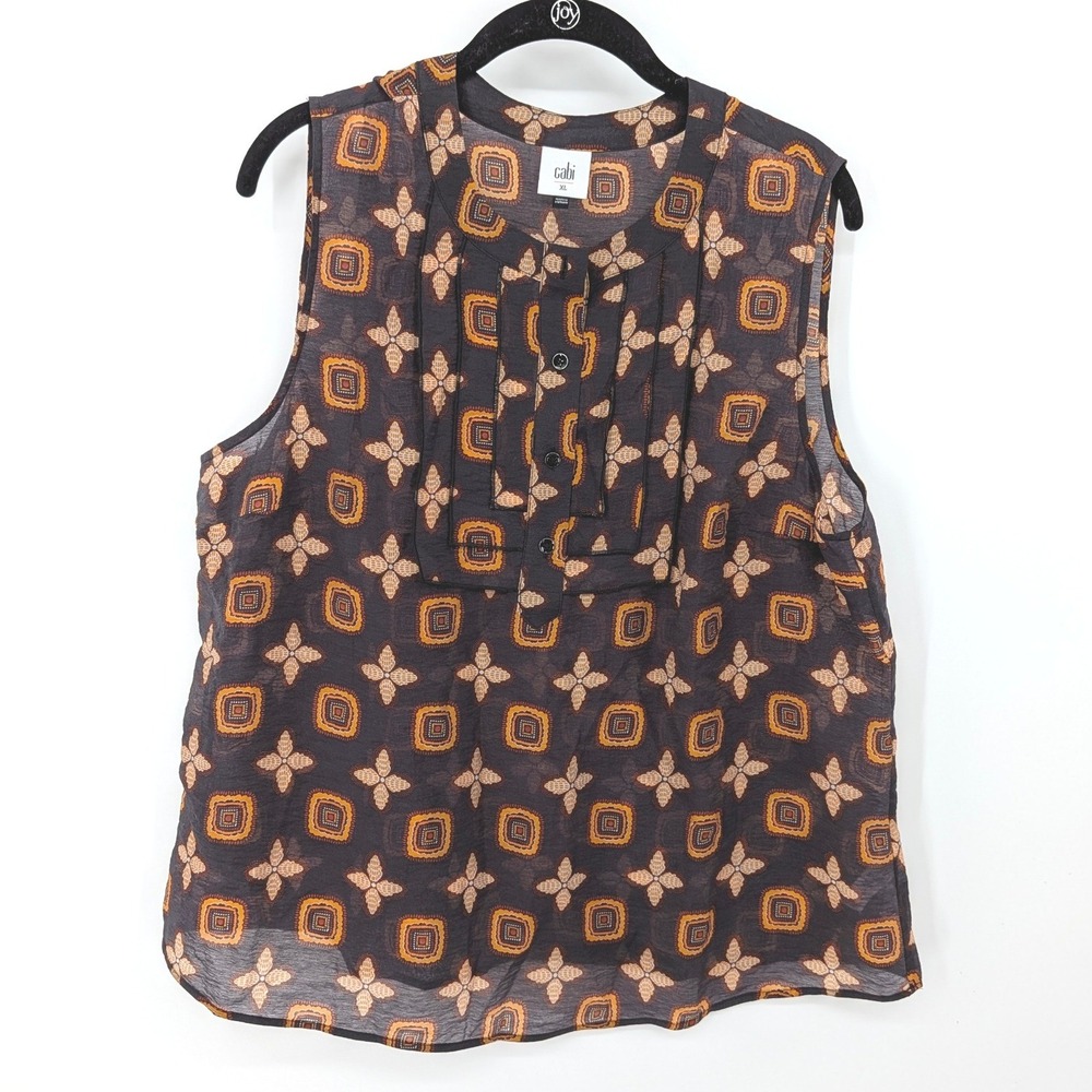 Cabi Blouse Womens XL Black Geometric Pintuck Pleat Sleeveless Sheer Office 4558